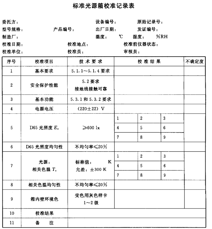 對(duì)色燈箱校準(zhǔn)報(bào)告記錄表